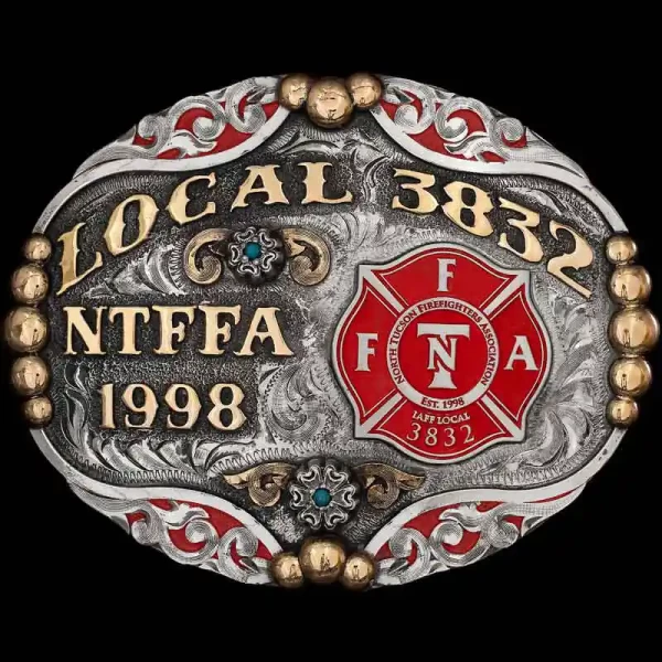 Our Baker City Buckle celebrates the dedication and courage of our firehouse heroes. This Buckle is crafted on a hand-engraved, German Silver base. The striking emblem in the center and the enamel in each color make this buckle design stand out. This Buck